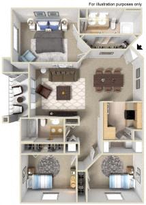 Floor plan for 3 beds, 2 baths, 1249 sqft